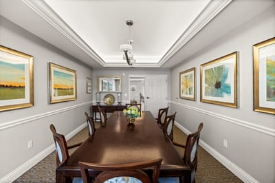 Bright dining room with elegant decor and seating