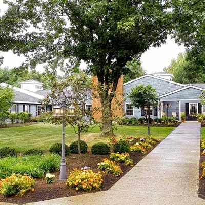 Beautifully landscaped outdoor space at a senior living facility