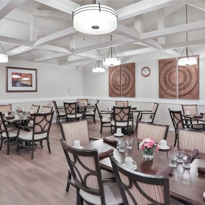 Dining area with tables and decorative elements