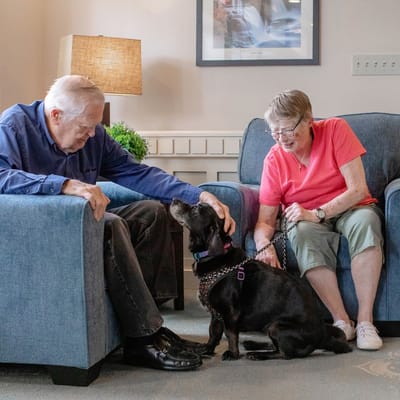 Residents interacting with a pet in a cozy lounge area