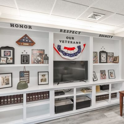 Interior display honoring veterans with memorabilia