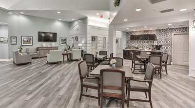 Bright common area with seating and decor