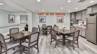 Interior view of the dining area with tables and chairs