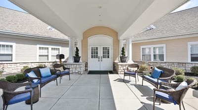 Entrance of the facility with seating area