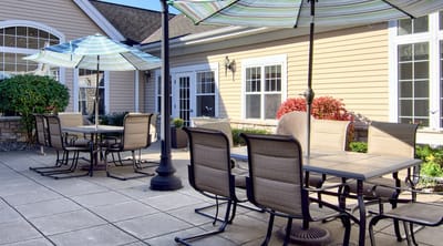 Outdoor seating area with umbrellas and tables