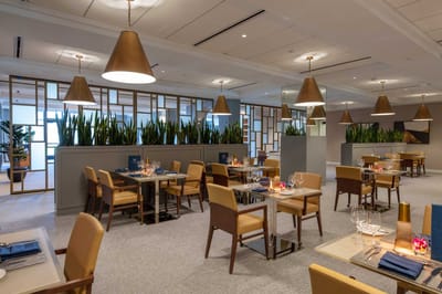 Elegant dining room setup with tables and plants
