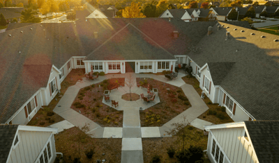 Aerial view of the facility's garden and courtyard area