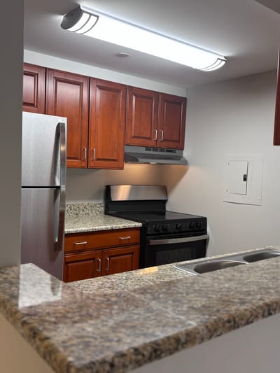 Interior view of a kitchen with wooden cabinets