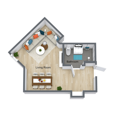 Architectural floor plan of a living room and bathroom layout