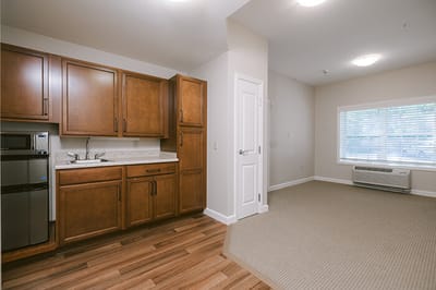 Interior view of a kitchenette and living area