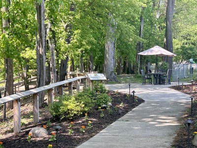 A walking path through a green garden area with seating