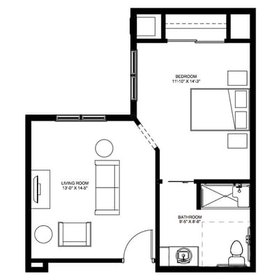 Architectural floor plan of a one-bedroom unit
