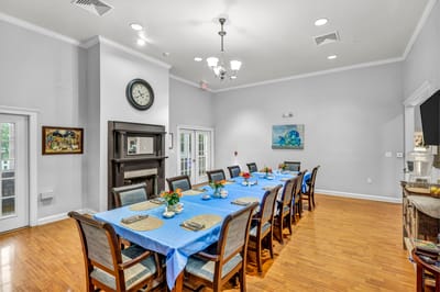 Dining room set up for a meal gathering.