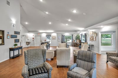 Bright interior common area with seating