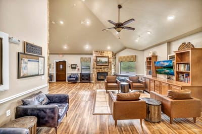 Interior common area with seating and fireplace