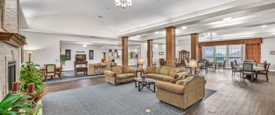 Bright and inviting common area in senior living facility.