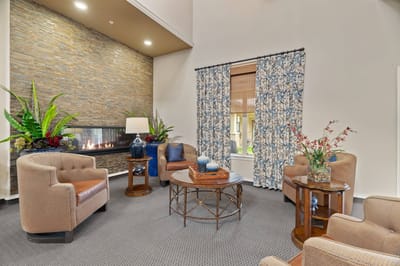 Stylish common area with comfortable seating and decor.