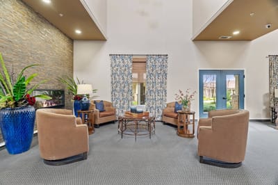 Cozy interior lobby with seating and decor.