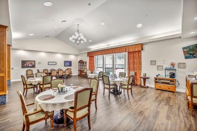 Dining area with tables and chairs in a bright setting.