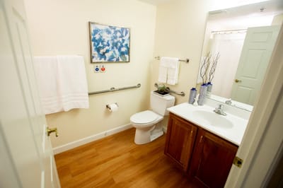 Brightly lit bathroom with modern fixtures