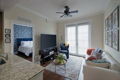 Bright interior living space with seating and decor