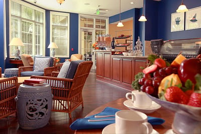Interior lounge area with seating and refreshments