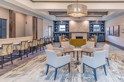 Bright common area with seating and decorations