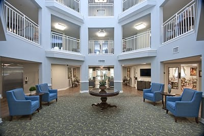 Interior view of a common area with seating