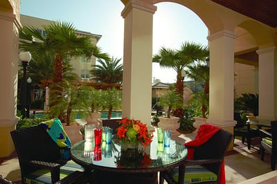 Outdoor seating area with palm trees and table