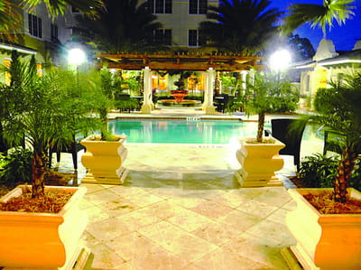 Outdoor pool area surrounded by palm trees