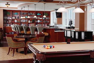 Interior view of a common area with a pool table