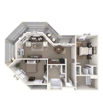 Floor plan of a senior living unit with labeled rooms