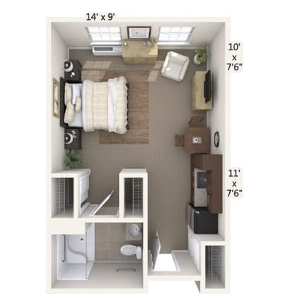 Floor plan of a private resident room layout