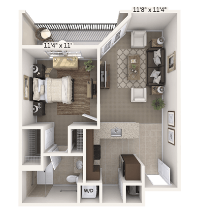Architectural floor plan of a one-bedroom apartment
