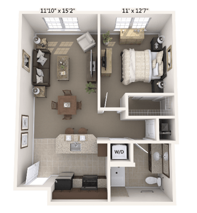 Architectural floor plan of a one-bedroom unit