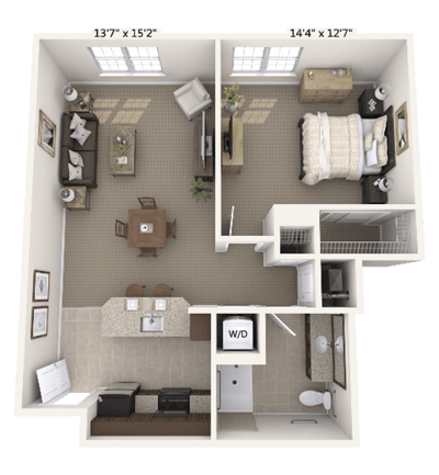 A floor plan of a one-bedroom apartment layout
