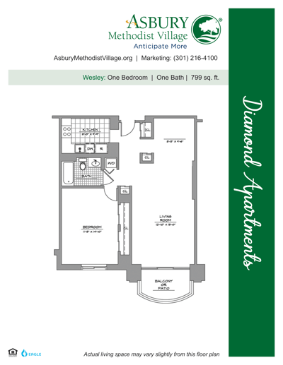 Architectural floor plan of a one-bedroom apartment