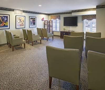 Common area with seating and film posters