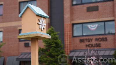 Colorful birdhouse in front of the Betsy Ross House