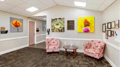 Welcoming common area with colorful artwork
