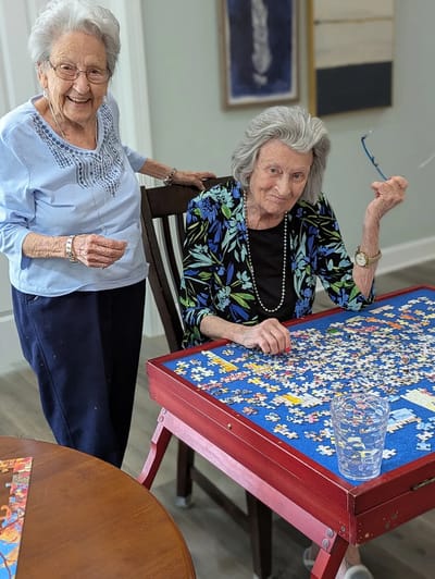 Two seniors enjoying a puzzle activity together.