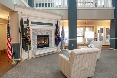 Common area with seating and flags