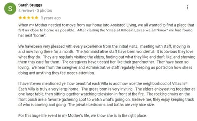 Review highlighting positive experiences of assisted living.