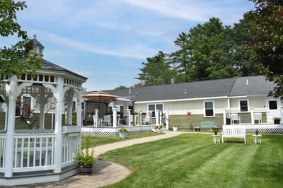 Outdoor space with gazebo and seating area