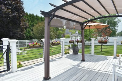 Outdoor patio with shaded seating area