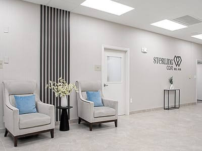 Modern reception area with seating and decor