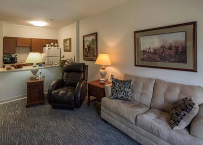 Cozy living room of a resident's unit.