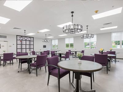 Modern dining area with purple chairs and tables.