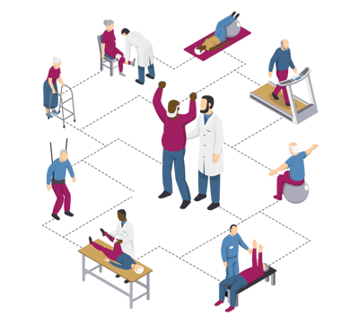 Illustration of physical therapy activities with staff and residents.
