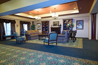 Common area with seating and decorative elements.